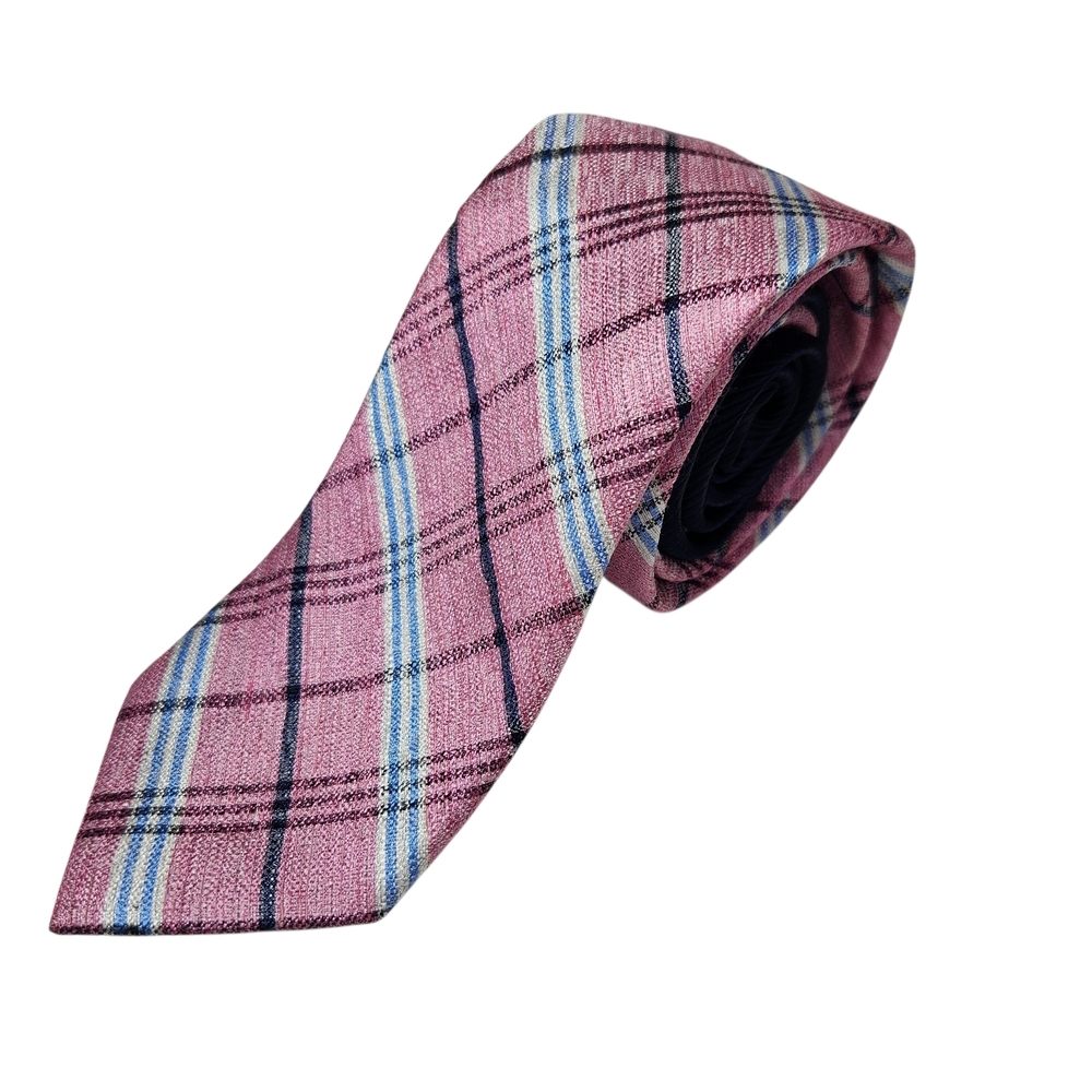 Roundtree And Yorke Men's Linen Blend Pink Blue Plaid Tie Slim Valentine